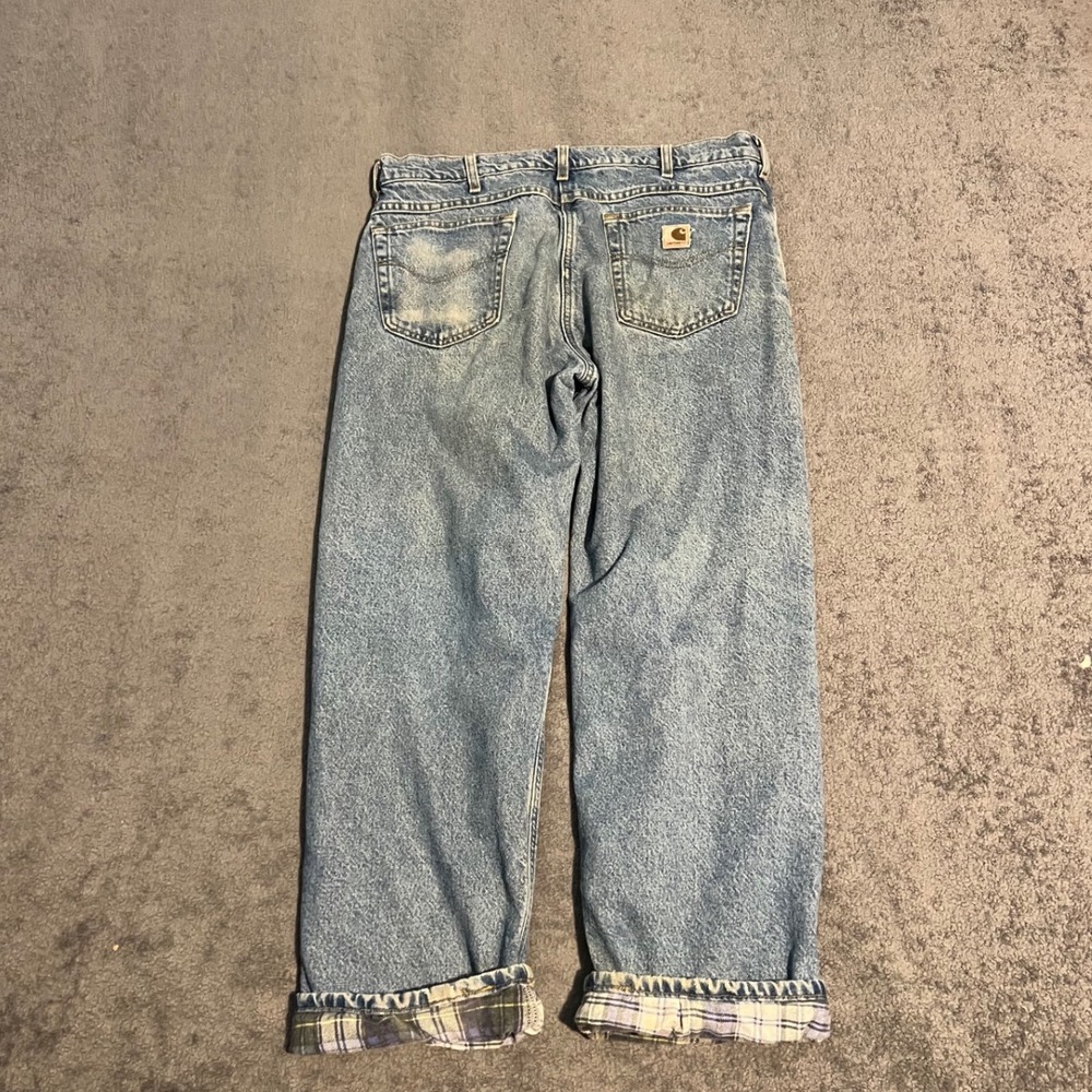 Vintage Carhartt Mens Flannel Lined Light Wash Denim Straight Jeans 36x29 Plaid